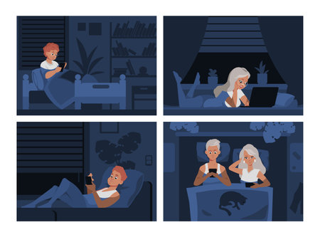 People in bed with phones. Addiction to electronic devices. Cartoon men and women lie with smartphones and laptops in evening. Leisure time before sleeping. Bedroom interior, vector night scenes setのイラスト素材