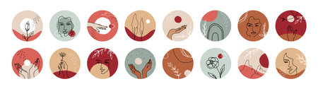 Face stories cover. Social media highlights with cute women heads and floral elements. Contemporary round shapes, decorative outline flowers or human body parts. Colorful circles, vector profile setのイラスト素材