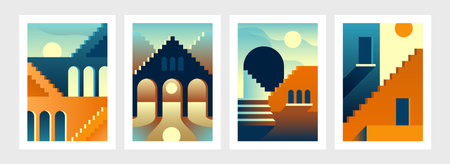 Geometry stairs posters. Abstract contemporary architectural banners with oriental buildings. Minimal arches and steps. Overlaying shadows and lights from sunset or sunrise. Vector city panorama setのイラスト素材