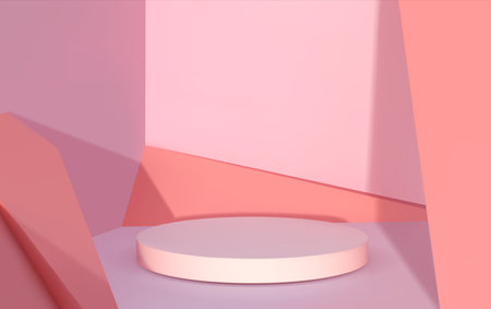 Abstract podium. Realistic 3D round platform. Empty pedestal for product advertising. Modern stage with shadow overlay effects and decorative wall construction. Vector blank showcase in pink colorsのイラスト素材