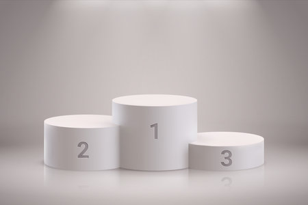 Winner pedestal. Realistic 3D podium with first second and third places, empty champion platform. Stepped stage. Light and shadow effects, reflection and glossy floor. Vector scene for award ceremonyのイラスト素材
