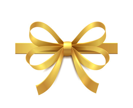 Golden bow with ribbon. Realistic gift box decoration, satin or silk luxury yellow tape for presents decoration, elegant festive decor elements, vector single isolated on white background illustrationのイラスト素材