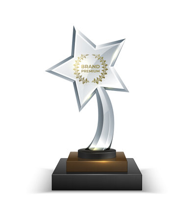 Trophies. Realistic crystal glass award with text. 3D star shaped prize with golden text and olive wreath on square stand. Isolated shiny reward to the winner for quality of product, vector mockupのイラスト素材