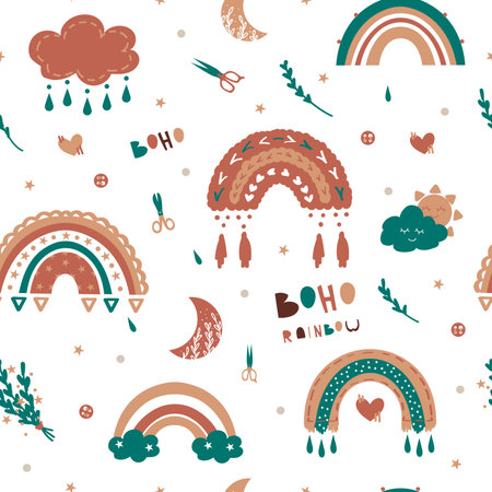Kids rainbow pattern. Seamless baby illustration with cute clouds sun and rainbows in boho style. Decor textile, wrapping paper, wallpaper. Vector childish abstract endless texture on white backgroundのイラスト素材