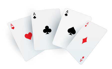 Playing poker cards. Realistic fan of aces. Isolated square white cardboards. Black and red suit signs. Equipment for casino. Lucky combination in gambling.のイラスト素材
