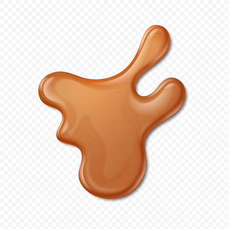 Realistic caramel. 3D milk toffee splash, thick liquid flowing down. Isolated yummy sweet brown sauce on transparent background. Candy syrup or topping for desserts.のイラスト素材