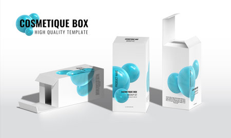 Realistic paper box. 3D cardboard package mockups with copy space and place for brand identity. Opened and closed containers for advertising of medical, cosmetic or food products.のイラスト素材