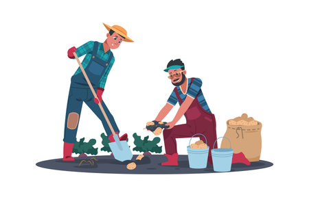 Agricultural work. Cartoon farmers working in field. Cute men digging ground with shovel and planting potatoes or harvesting vegetables. Isolated people grow natural products. Vector flat illustrationのイラスト素材