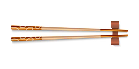 Food chopsticks. Realistic 3D bamboo sticks for national Asian food. Traditional Chinese and Japanese cutlery. Top view of isolated kitchenware decorated with abstract geometric print.のイラスト素材