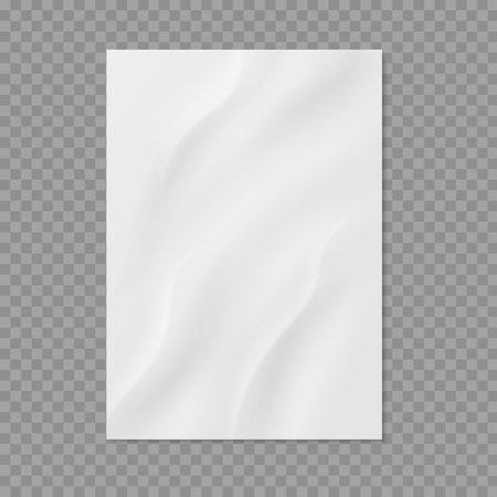 Crumpled paper. Realistic wet wrinkled page. Blank notepad sheet with textured surface and trifold. Isolated empty document with copy space on transparent background.のイラスト素材