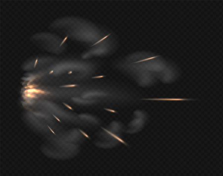 Gun flash. Realistic visual special effect of firearm shot. Isolated flying sparks and clouds of smoke on transparent background. Fire from burning gunpowder and flare of explosion.のイラスト素材