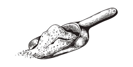 Hand drawn scoop. Outline shovel scooping up sand or sugar. Isolated monochrome measuring spoon full of bulk product. Wooden or plastic instrument.のイラスト素材