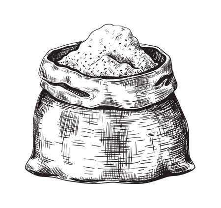 Hand drawn sugar sack. Black and white sketch of grunge bag from burlap. Storage of dry bulk food. Isolated agricultural harvest, grain crop. Monochrome outline with hatching.のイラスト素材