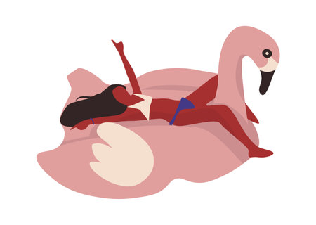 People at beach. Cartoon cute woman swimming in pool on pink flamingo inflatable mattress. Isolated young female sunbathing at tropical resort. Fun during summer vacation.のイラスト素材
