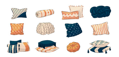 Cartoon cushion. Cute bedroom pillows. Home interior decorative elements for bed and sofa. Colorful pillowcase knitted and with tassels. Isolated cozy feather or modern synthetic fillings.のイラスト素材