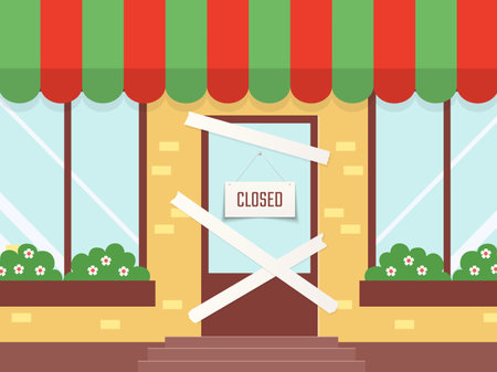 Closed shop or restaurant. Cartoon locked store door. Building facade with taped doorway. Blank white ribbon. Porch with awning, urban house exterior. Bankrupt cafe and bar.のイラスト素材