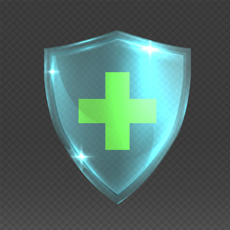 Shield with cross. Realistic 3D glass armor. Medical protective symbol, health care shiny badge on transparent background. Isolated decorative mockup for insurance and pharmacy. Vector guard signのイラスト素材