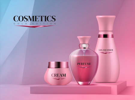 Podium with cosmetics. Realistic 3D pedestal and beauty product for branding. Collection of bottles with perfume and moisturizing cream or cleanser gel on square platform.のイラスト素材