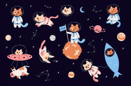 Space cats. Cartoon funny kitties in spacesuits with helmets. Childish astronaut animals in zero gravity. Cute kittens flying on spaceship or rocket. Cosmonauts exploring galaxy.のイラスト素材