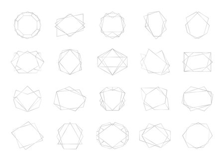 Polyhedron frame. Silver empty multangular borders. Abstract geometric shapes with copy space. Collection of modern blank frameworks templates.のイラスト素材
