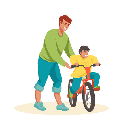 Family scenes. Dad teaches son to ride bike, happy father and little boy spend time together outdoors, kid riding bicycle.のイラスト素材