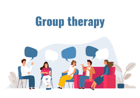 Group therapy. Addiction treatment session. Cartoon people with speech bubbles. Collective psychotherapy for mental health. Psychologist or psychoanalyst consultation.のイラスト素材