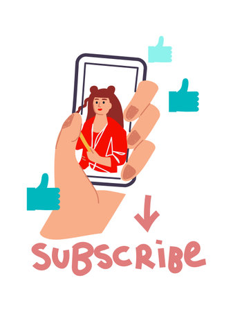 Subscribe to bloggers channel. Cartoon followers approve of social media posts and reviews. Modern fashion or beauty blog. Influencer web content. Isolated hand holding smartphone. Vector illustrationのイラスト素材