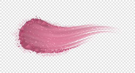 Makeup powder. Realistic shiny smear of decorative cosmetic product. Isolated eyeshadow sample on transparent background. Pink blush or highlighter tester. Dry texture with glitter. Vector mockupのイラスト素材