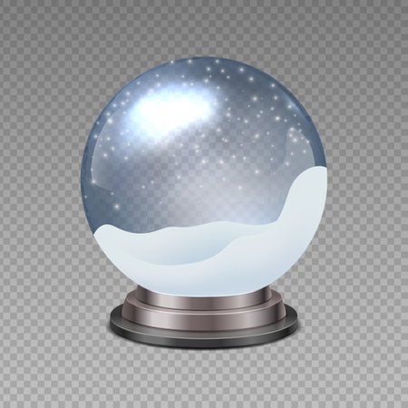 Snow ball. Realistic Christmas snowglobe on transparent background. 3D blank shiny souvenir with white snowflakes. Scratched surface of textured glass sphere. Vector decorative round Xmas toy mockupのイラスト素材