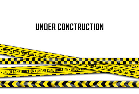 Under construction banner. Realistic black and yellow adhesive barricade tape. Decorative warning ribbons with repeated ornament and lettering. Web page design for 404 error. Vector website templateのイラスト素材
