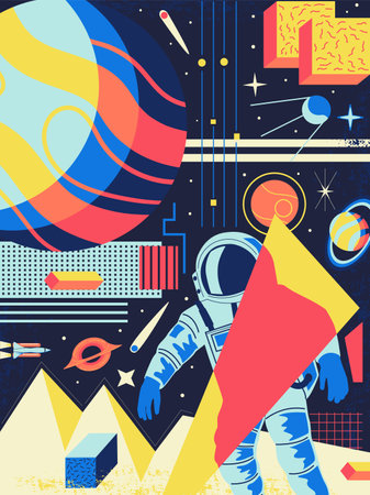 Space abstract background. Futuristic poster with cartoon cosmonaut and galaxy shapes. Colorful planets or satellites. Psychedelic design. Astronaut exploring universe. Vector cosmic illustrationのイラスト素材