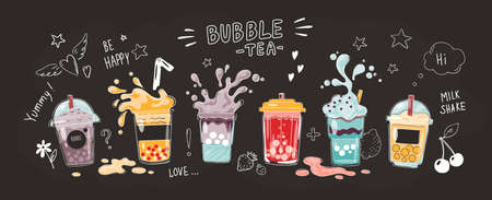 Bubble tea cup. Cartoon hand drawn poster of sweet drinks. Full glasses and splashing liquid. Collection of yummy milk shakes or cocktails. Black horizontal banner with lettering. Vector menu templateのイラスト素材