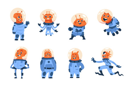 Cartoon alien cosmonauts. Cute space astronauts, funny UFO crew. Friendly orange cosmic monsters in spacesuits with round helmets. Isolated galactic invaders set. Vector smiling universe explorersのイラスト素材