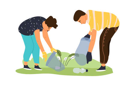 Cleaning area from garbage. Volunteers collect trash in field. Young people work together for recycling plastic waste in park. Cartoon man and woman putting rubbish in bag. Vector care for environmentのイラスト素材