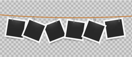 Photo frame hanging by clip on rope. Realistic blank photography templates on transparent background. Square pictures attached to thread in line. Exhibition mockup with copy space. Vector snapshotのイラスト素材