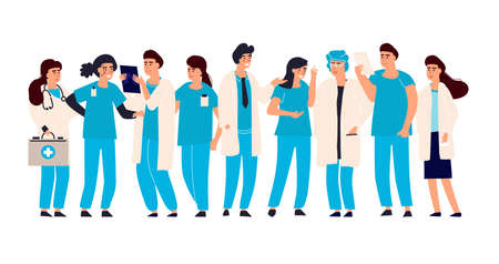 Doctor nurse set. Vector male and female hospital staff. Medical team doctors and nurses, therapist and surgeon in uniform standing, medicine profession occupation, cartoon isolated illustrationのイラスト素材