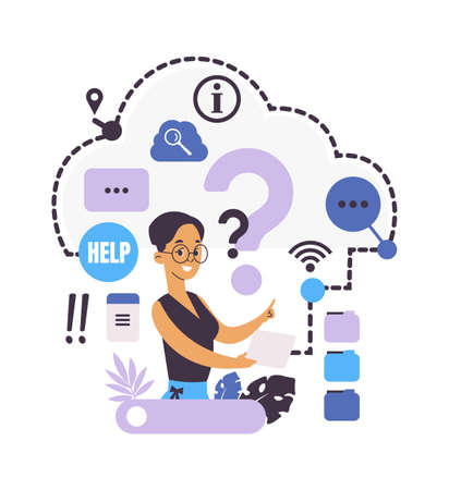 Ask questions. Online support service. Searching information in internet. Confused woman looking for solution, character writes to customer assistance. Help for clients and users, vector illustrationのイラスト素材