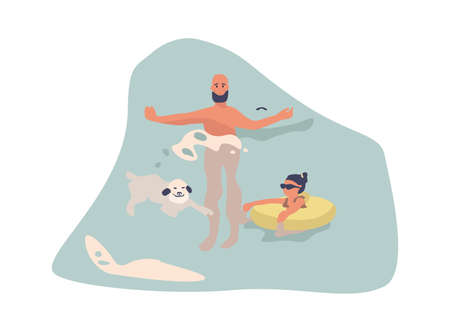 People at beach. Cartoon man with dog in water. Cute girl swimming on inflatable ring. Holiday outdoor activities, summer vacation by sea. Tourism and leisure pleasure. Vector minimalist illustrationのイラスト素材