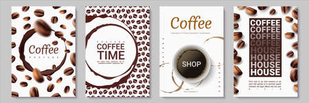 Coffee posters. Time for drinking. Round cup dark stains and white mug full of espresso. Silhouettes or realistic beans. Collection of flyers and booklets with hot caffeine beverages. Vector bannersのイラスト素材