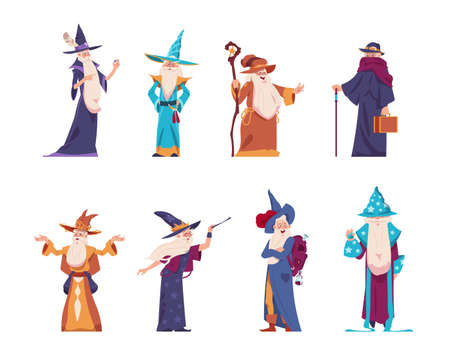 Cartoon wizard. Magician old characters with beard wear long robes and pointed hats. Senior wise sorcerers cast magical spells. Cheerful warlocks hold mystery magic tools. Vector medieval wizards setのイラスト素材