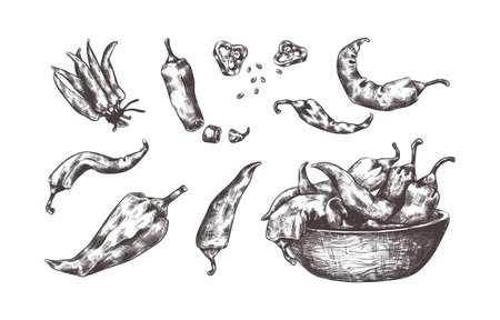 Hand drawn chili pepper. Spicy seasoning sketch, engraved pungent vegetable tied in bundles or sliced into round pieces. Kitchen spice in wooden plate. Vector black and white realistic outline setのイラスト素材