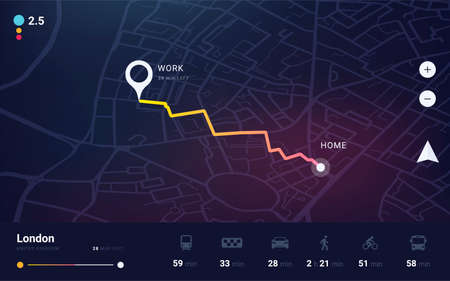 GPS track. City map application with navigation UI. Tracking path and route planning from home to office. Determining location on the plan of London. Vector dashboard interface template with buttonsのイラスト素材