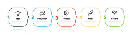 Flowchart. Sequence of business process steps. Simple infographic for workflow visualization. Project planning template. Square frames with text and reflection effect. Vector presentation of strategyのイラスト素材