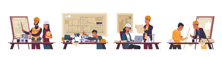 Engineers. Cartoon male and female architects drawing plan of construction. People talking and...