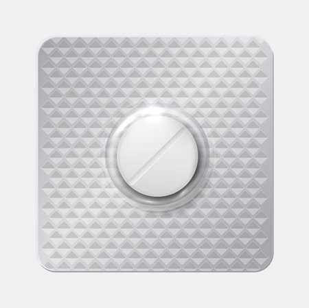 Realistic pill blister. Drug and vitamin in blister pack, round tablet in individually packaging, textured silver wrapper for medicines, Pharmacological medical product, vector mockup for brandingのイラスト素材