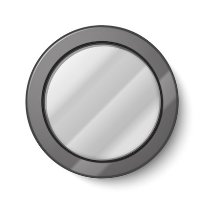 Realistic round mirror. Circle glass shapes with gray metal frame. Hanging on wall blurry reflective surface. Indoor interior furnishing, home isolated furniture template. Vector modern frameworkのイラスト素材