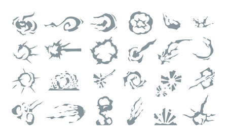 Cartoon motion effects. Spark comic graphic rings, magic circle swirl and speed light trails. Explosion and heat fume traces set. Cloudy shapes of steam and smoke. Vector grey gas flow isolated tracksのイラスト素材