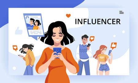 Influencer. Digital marketing campaign, social post and famous network content, influence of opinion leader. Cartoon men or women with smartphones click like button.のイラスト素材