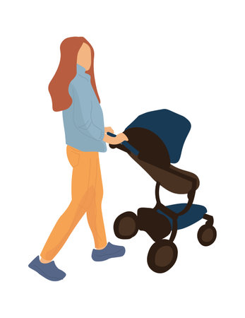 Trendy mother with baby carriage. Cartoon woman rolls toddler stroller. Isolated young female moves...