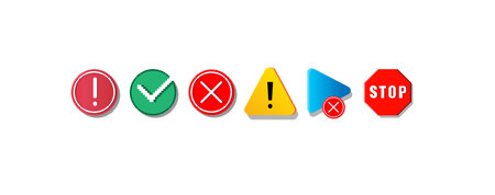 Old computer icons. Abstract colorful pixel art symbols set. Stop or warning signs, isolated digital media player button and completed or rejected task round marks. Vector retro outline flat pointersのイラスト素材